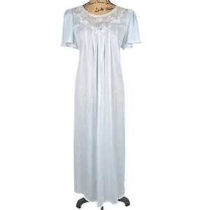 Vintage Sexy Sara Beth Light Blue Nylon Nightgown Lace Floral Embroidered Large
